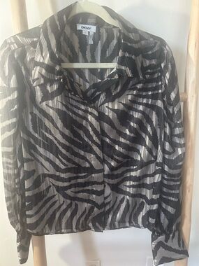 DKNY Black and White Zebra-Stripe Sheer Button Down